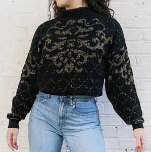 Vintage Sweater | 1980s Arielle | Black & Gold Lurex Mockneck